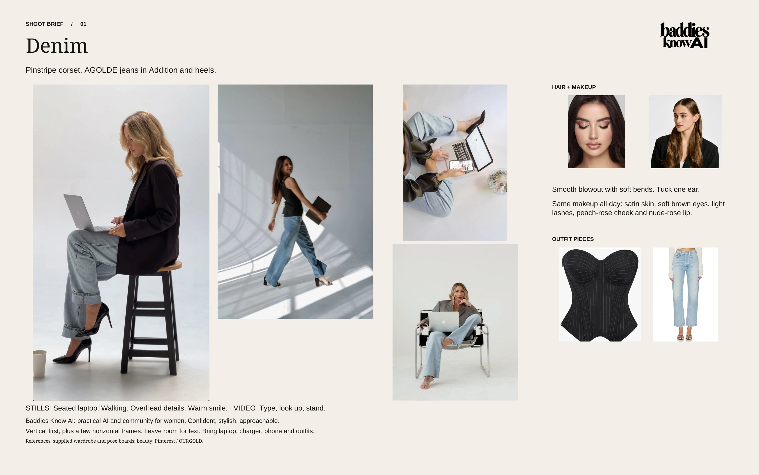 Shoot brief page with outfit pieces, large pose references, hair and makeup